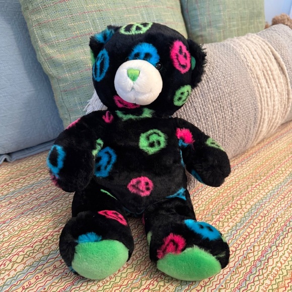 Build-A-Bear Black Teddy Bear with Colorful Neon Peace Signs and Smiley faces - Picture 1 of 6